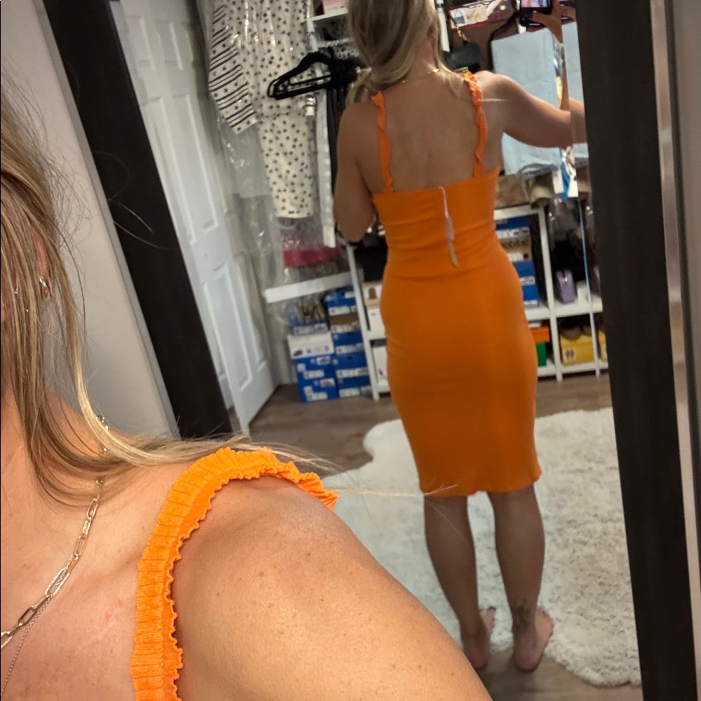 Zara Bright Orange Ribbed Textured Ruffle Dress - Picture 10 of 11